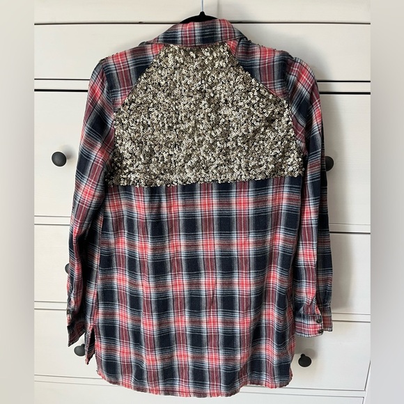Free People Sequin Flannel Plaid Button Down Shirt XS - Picture 1 of 7